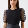 Dorothy Perkins Petite Black Spot Organza Short Sleeve Top