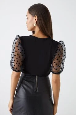 Dorothy Perkins Petite Black Spot Organza Short Sleeve Top -Perkinsdory Store bqq11901 black xl 2