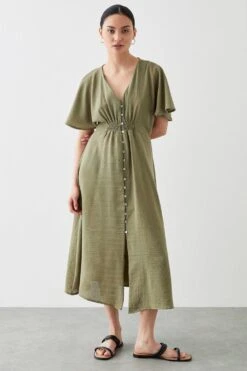 Dorothy Perkins Petite Khaki Button Shirred Waist Midi Dres -Perkinsdory Store bqq11999 khaki xl 1