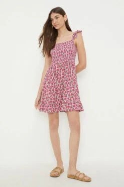 Dorothy Perkins Pink Ditsy Shirred Strappy Mini Dress -Perkinsdory Store bqq12006 pink xl 3