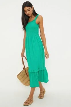 Dorothy Perkins Green Shirred Strappy Midi Dress