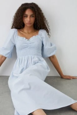 Dorothy Perkins Blue Stripe Shirred Bodice Midi Dress -Perkinsdory Store bqq12171 blue xl 3