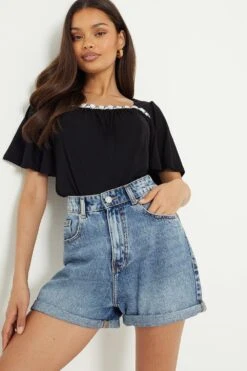 Dorothy Perkins Petite Black Floral Square Neck Top