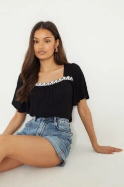 Dorothy Perkins Petite Black Floral Square Neck Top -Perkinsdory Store bqq12240 black xl 3