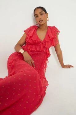 Dorothy Perkins Pink Metallic Spot Ruffle Midi Dress -Perkinsdory Store bqq12247 pink xl 4