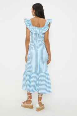 Dorothy Perkins Blue Stripe Frill Neck Midi Dress -Perkinsdory Store bqq12334 blue xl 3