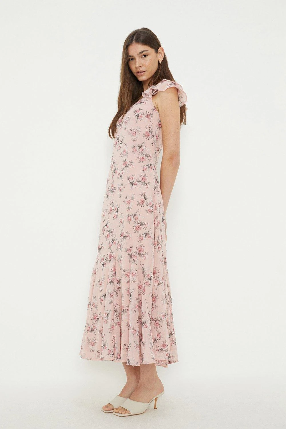 Dorothy Perkins Floral Print Chiffon Ruffle Sleeve Midi Dress 1 Dorothy Perkins Floral Print Chiffon Ruffle Sleeve Midi Dress