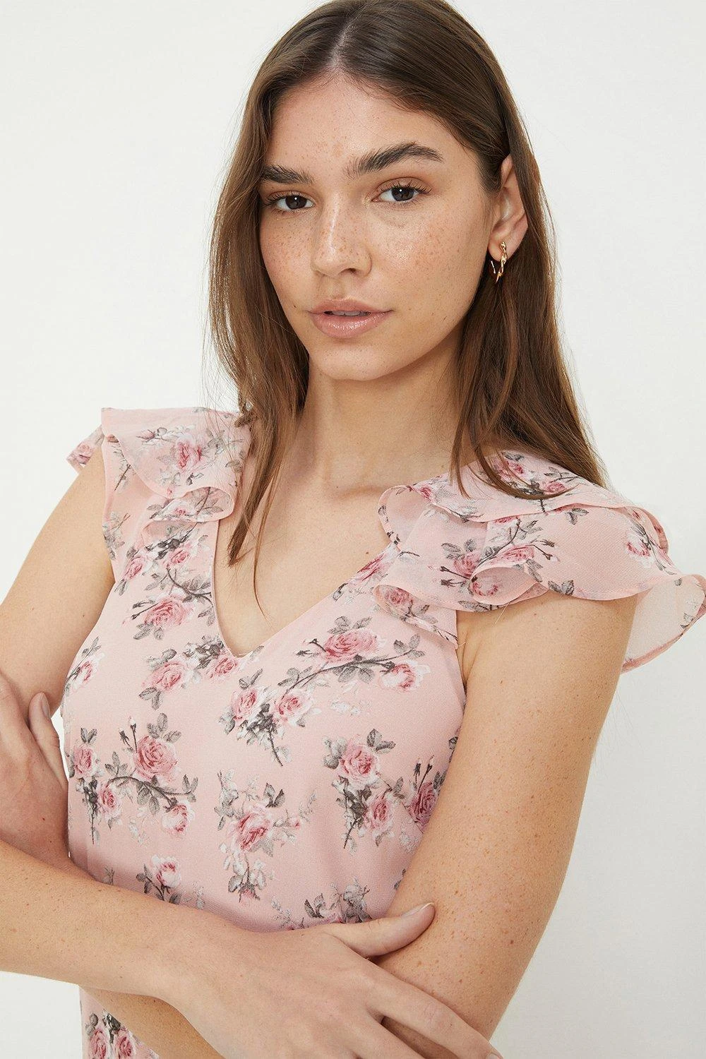 Dorothy Perkins Floral Print Chiffon Ruffle Sleeve Midi Dress 2 Dorothy Perkins Floral Print Chiffon Ruffle Sleeve Midi Dress - Image 2