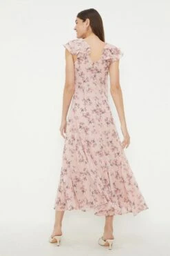 Dorothy Perkins Floral Print Chiffon Ruffle Sleeve Midi Dress 6 Dorothy Perkins Floral Print Chiffon Ruffle Sleeve Midi Dress -Perkinsdory Store bqq12453 pink xl 2