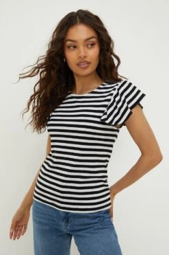 Dorothy Perkins Petite Ruffle Sleeve Striped Top