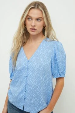 Dorothy Perkins Petite Button Front Shirred Cuff Top -Perkinsdory Store bqq12612 blue xl 3