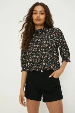 Dorothy Perkins Petite Ditsy Shirred Hem Short Sleeve Blouse