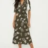 Dorothy Perkins Khaki Floral Wrap Midi Shirt Dress