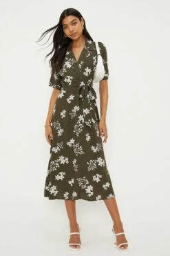 Dorothy Perkins Khaki Floral Wrap Midi Shirt Dress