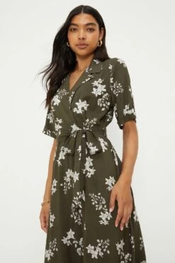Dorothy Perkins Khaki Floral Wrap Midi Shirt Dress -Perkinsdory Store bqq13014 khaki xl 3
