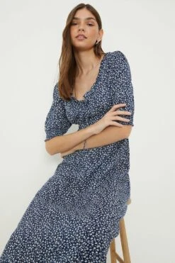 Dorothy Perkins Navy Ditsy Ruffle Neck Midi Dress -Perkinsdory Store bqq13048 navy xl 3