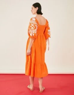 Accessorize Ornamental Print Embroidered Puff Sleeve Midi Dress -Perkinsdory Store m5045463454026 orange xl 2