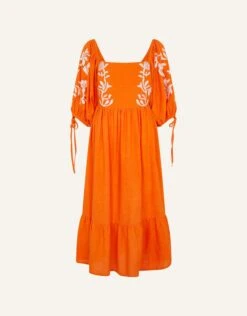Accessorize Ornamental Print Embroidered Puff Sleeve Midi Dress -Perkinsdory Store m5045463454026 orange xl 3
