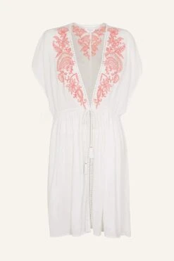Accessorize Shell Embroidered Tie Waist Kaftan -Perkinsdory Store m5045463494237 white xl 3