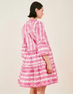 Accessorize Print Jacquard Flute Sleeve Dress With Sustainable Cotton -Perkinsdory Store m5045463527140 pink xl 2