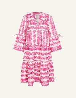 Accessorize Print Jacquard Flute Sleeve Dress With Sustainable Cotton -Perkinsdory Store m5045463527140 pink xl 3